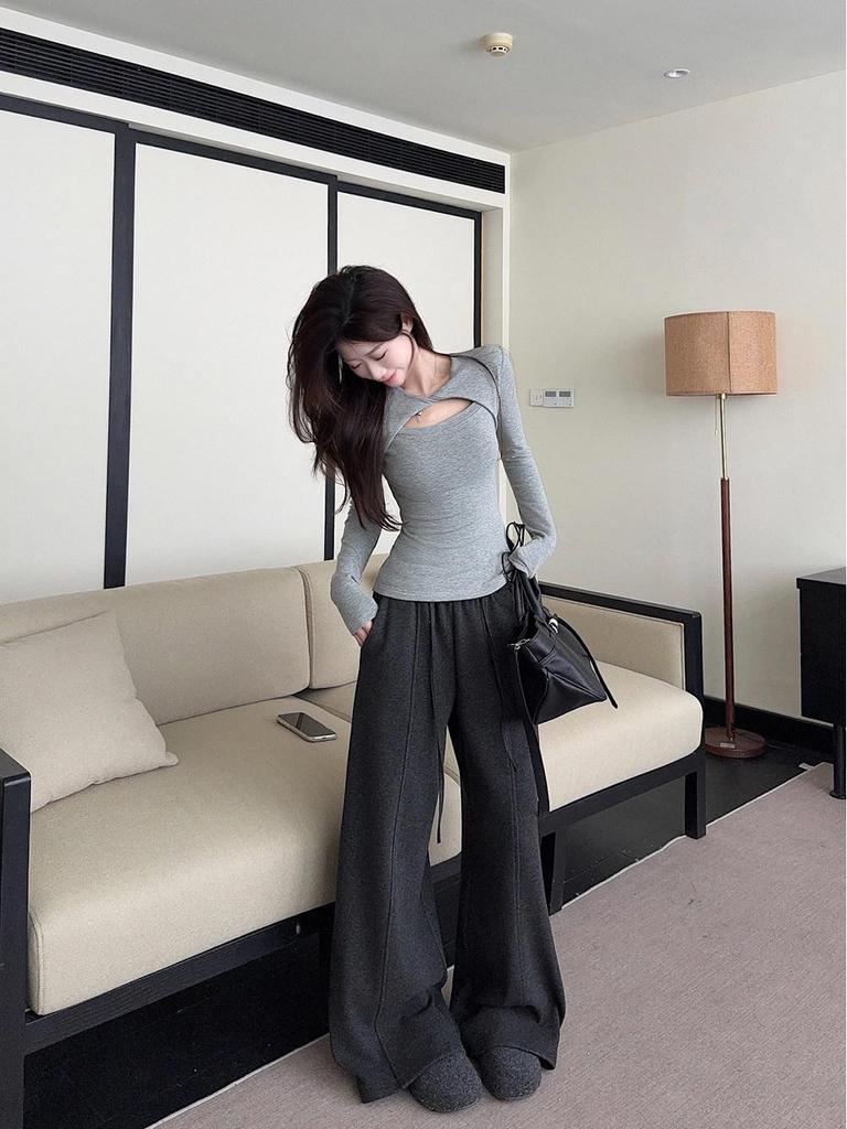 Gewindesamt Grau Ausgeschnitten Langarm-T-Shirt, Damen Slim Fit Herbst/Winter Basisschicht