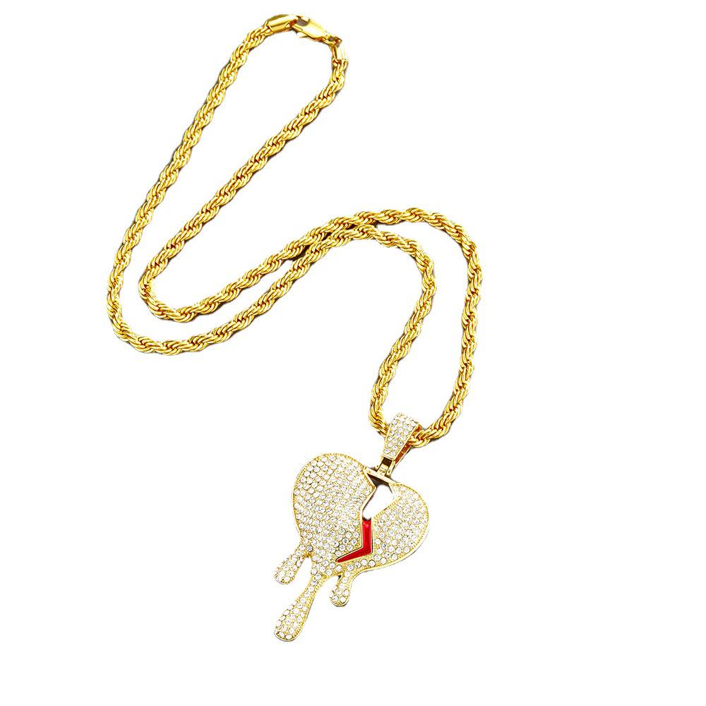 High-Quality European and American Full Diamond Water Drop Broken Heart Couple Necklace