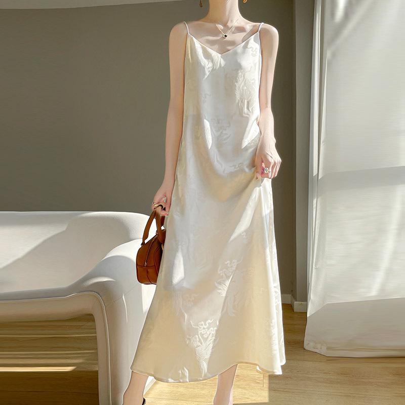 New Chinese Sexy Jacquard Suspender Dress for Women's Silky Satin Long Skirt for Summer New Chinese Style Thin