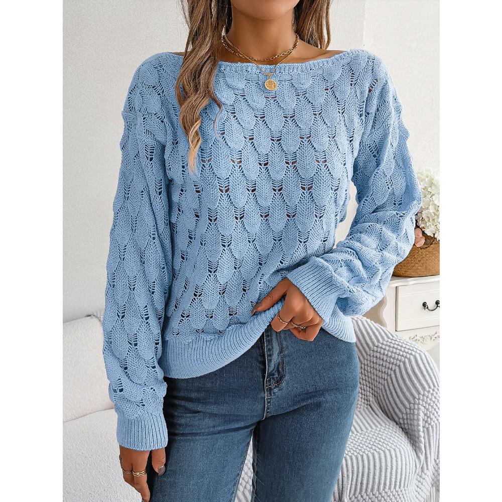 Autumn/Winter Women's Knitted Sweater Casual Feather-Patterned Openwork Off-the-Shoulder Sweater Featuring Bell Sleeves