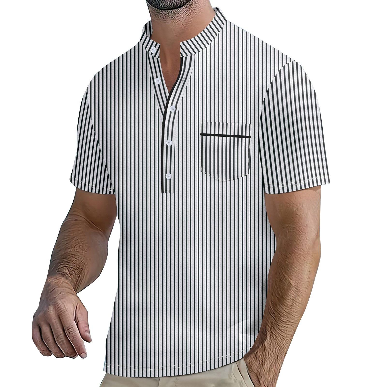 

Мужские летние полосатые топы с воротником на пуговицах и коротким рукавом, мужские повседневные свободные модные топы с карманами XXL чёрный