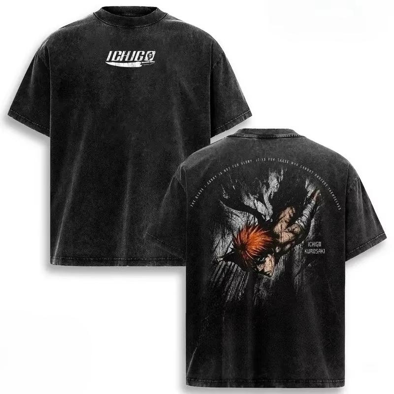 BLEACH Zaraki Kenpachi Printed Tee Men Women Washed T-shirts Loose Cotton T Shirt Summer Short Sleeve Vintage Anime Graphic Unisex Streetwear