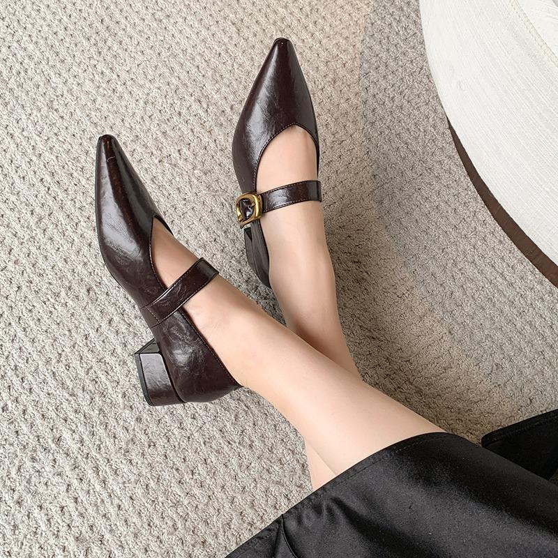 Mode Nya Damskor med Spetsig Tå, Enkla Skor med Mellanhög Klack och Grund Spänne, Fyrkantig Klack, Höga Klackar, Mode Båtskor, Zapatos Mujer