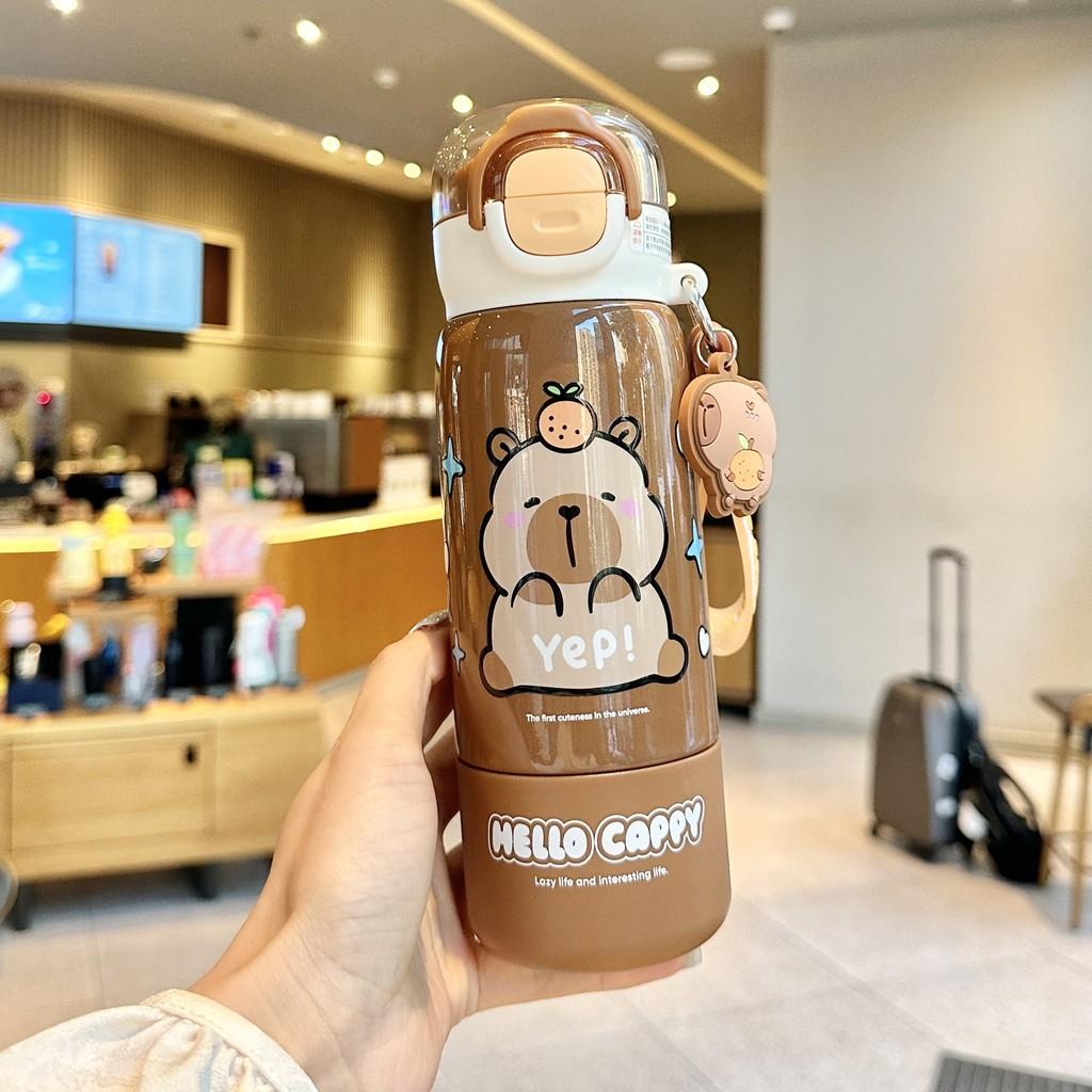 Capybara Childrens Insulated Water Bottle With Double Straw Lock For School Kids