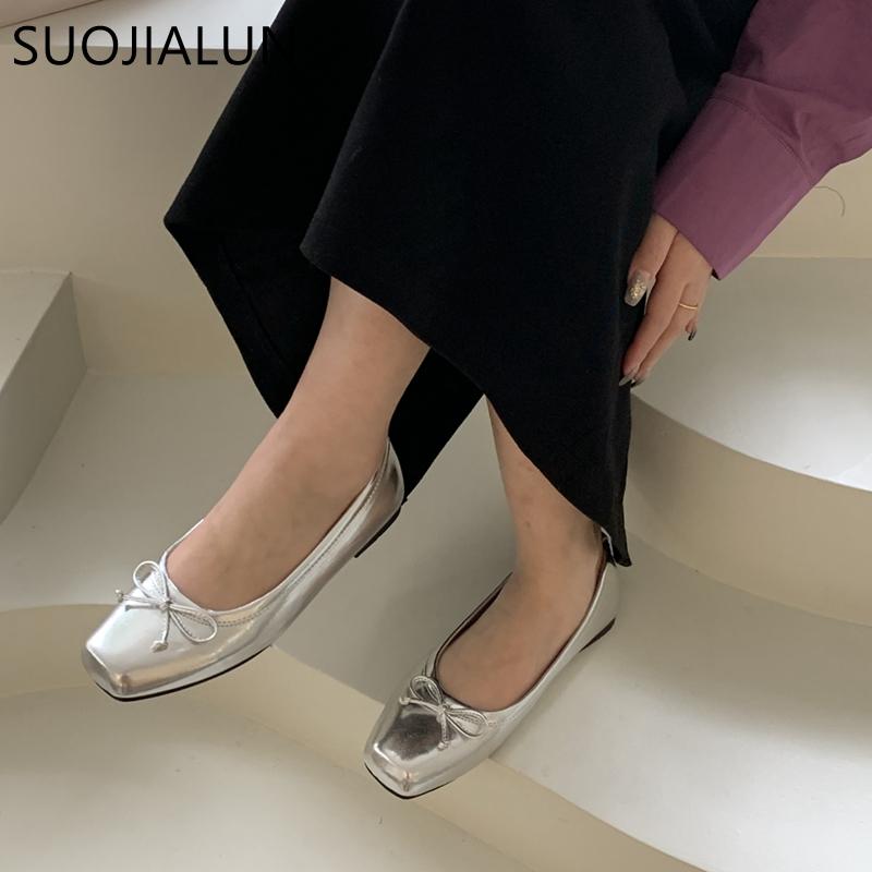 Fashion SUOJIALUN 2025 New Women Flat Shoes Fashion Square Toe Shallow Slip On Ladies Casual Ballet Shoes Soft Leather Outdoor Loafers S