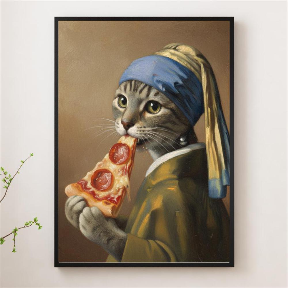 Cat With Pearl Earring Print Mona Lisa Cat Classic Art Cat Poster Renaissance Style Wall Art Parody Cat Canvas Painting Decor