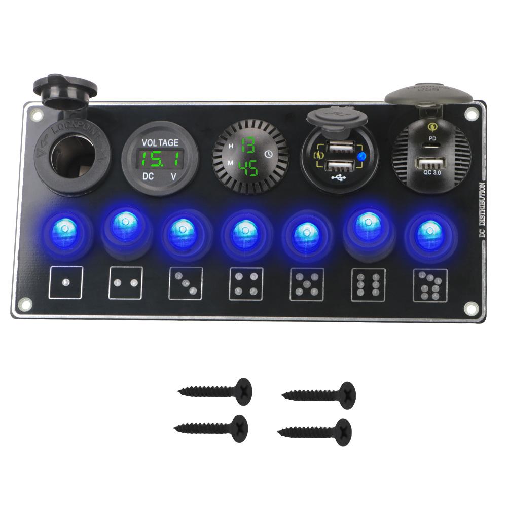 

Car Switch Panel for Truck Boat RV Waterproof Dual USB Socket Charger ON-Off Rocker Toggle 7 Gang QC3.0 & PD Quick Charge зелёный