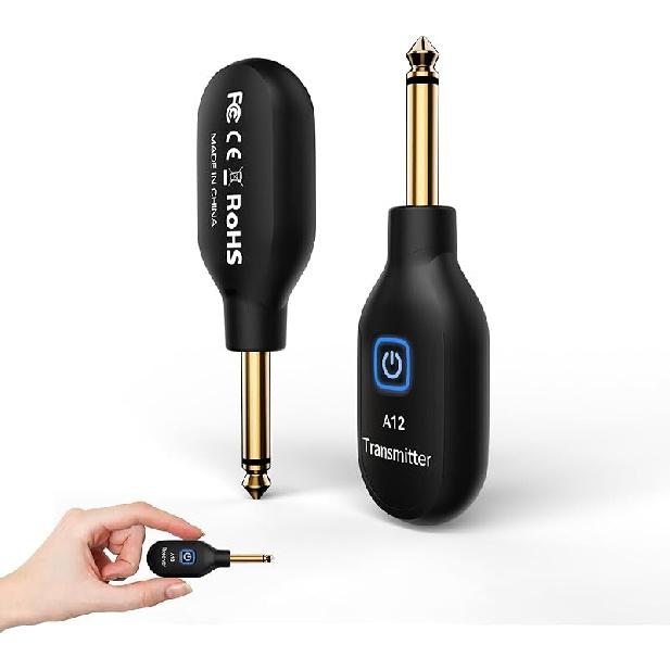 A12 Wireless Guitar Transmitter Receiver - 2.4GHz System, 24-bit 48KHz Audio, 100ft Range, No Latency, Rechargeable, Easy Pairing for Electric Guitar 1TX+1RX