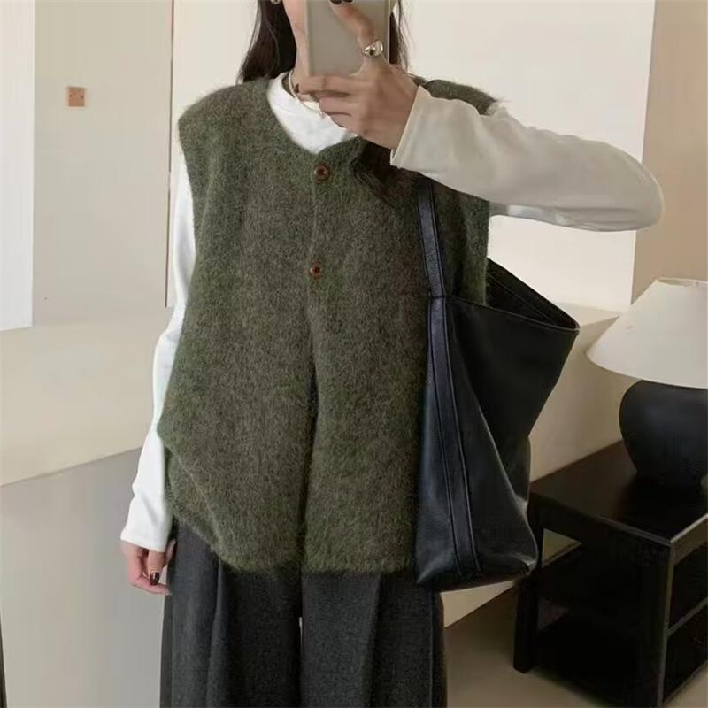 Korean Version, Retro Versatile, Simple Sleeveless Sweater Vest, New Style, Loose Fit, Layered, Knitted Vest