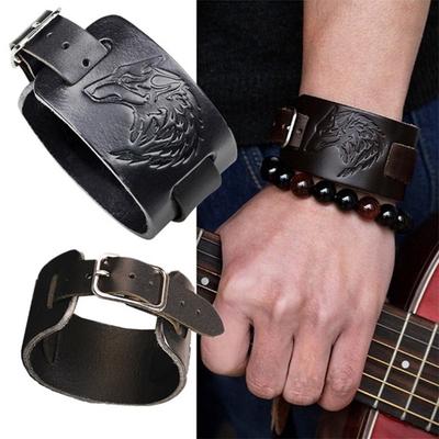 Punk Männer Frauen Wolf Breit Echtes Leder Gürtel Armband Manschette Armband Armreif