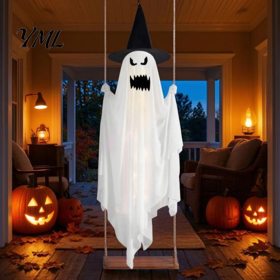 Dekoratives Gespenst für Veranda Leuchtende Halloween Hängeschaukel mit Hexenhut, Fernbedienung Einstellbare Gruselige Ornamente Helligkeit,