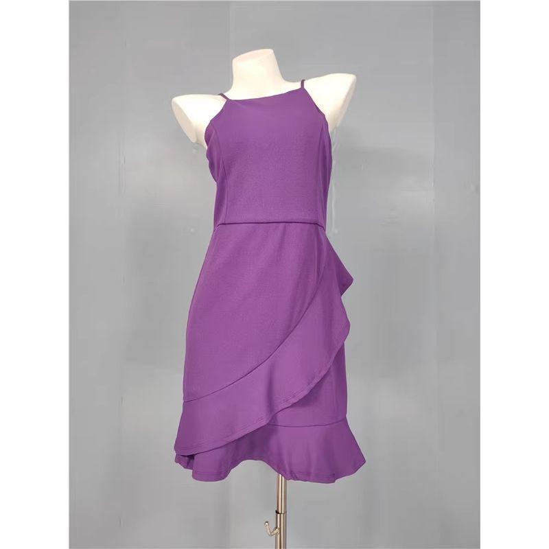 

Export Single Lu Cross-Border Fashion Suspenders Square Collar Elegant Ruffle Slim Looking Asymmetrical Skirt Dress Female Purple XL