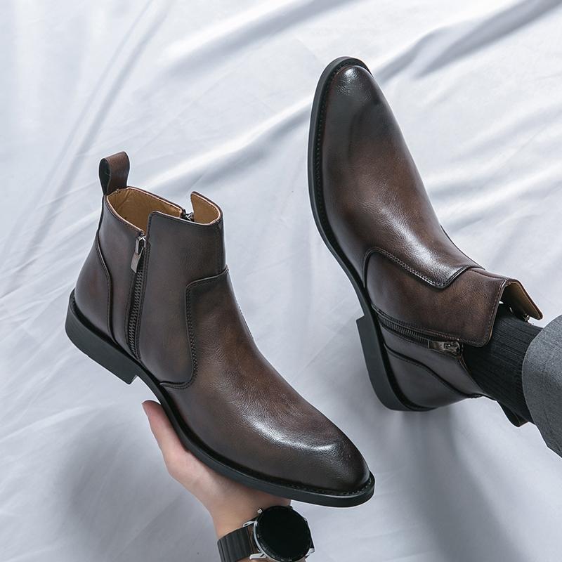 Chelsea Boots Spitz Hoher Schaft Leder Schuhe Friseur Martin Stiefel Reißverschluss Innen Erhöhend Freizeitstiefel