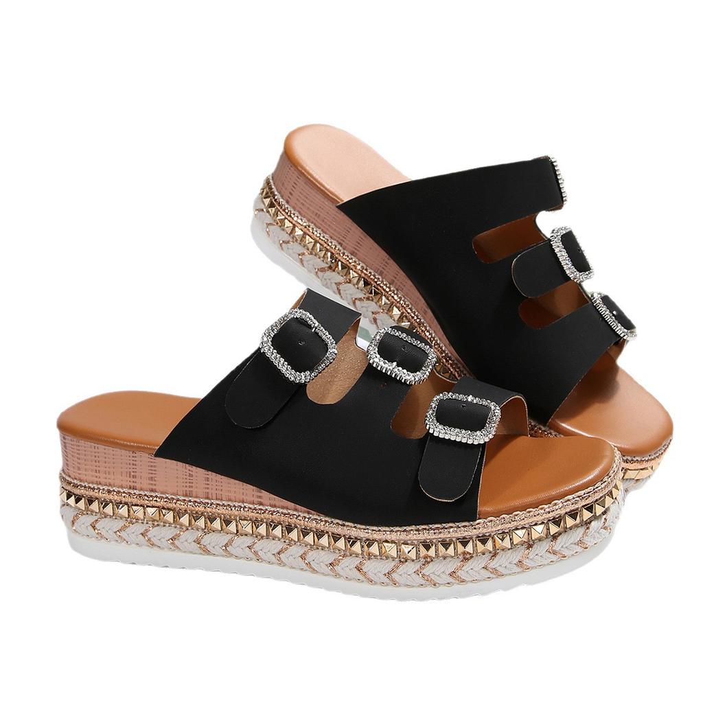 2025 summer new foreign trade muffin thick-soled double-buckle rhinestone cork beach one-word slippers large-size women's shoes