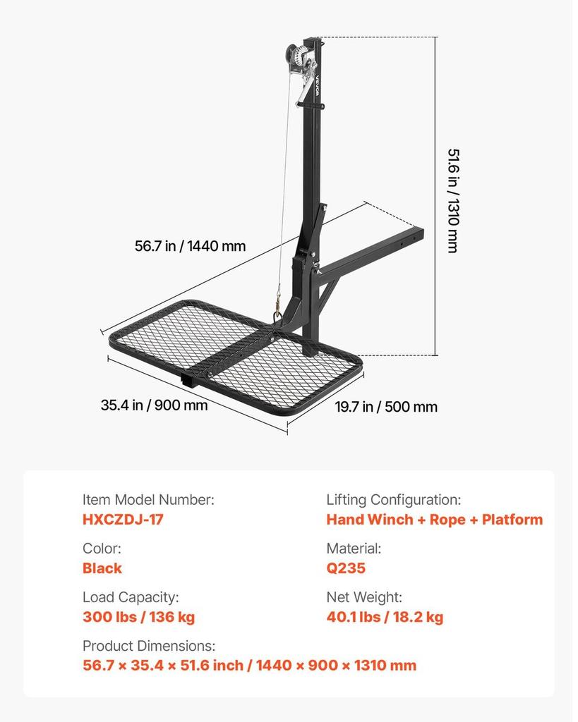 Hitch Deer Hoist with Lifting System Platform, 300 lbs Load Capacity, Game Hoist Winch Lift with 2-inch Receiver, 360-Degree Swivel Shaft & Foldable,
