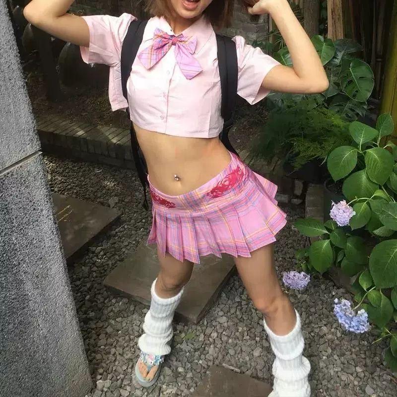 Preppy Style Pink Plaid Mini Skirts Women American Retro Y2k Kawaii Streetwear Embroidery A Line Skirts E-girl