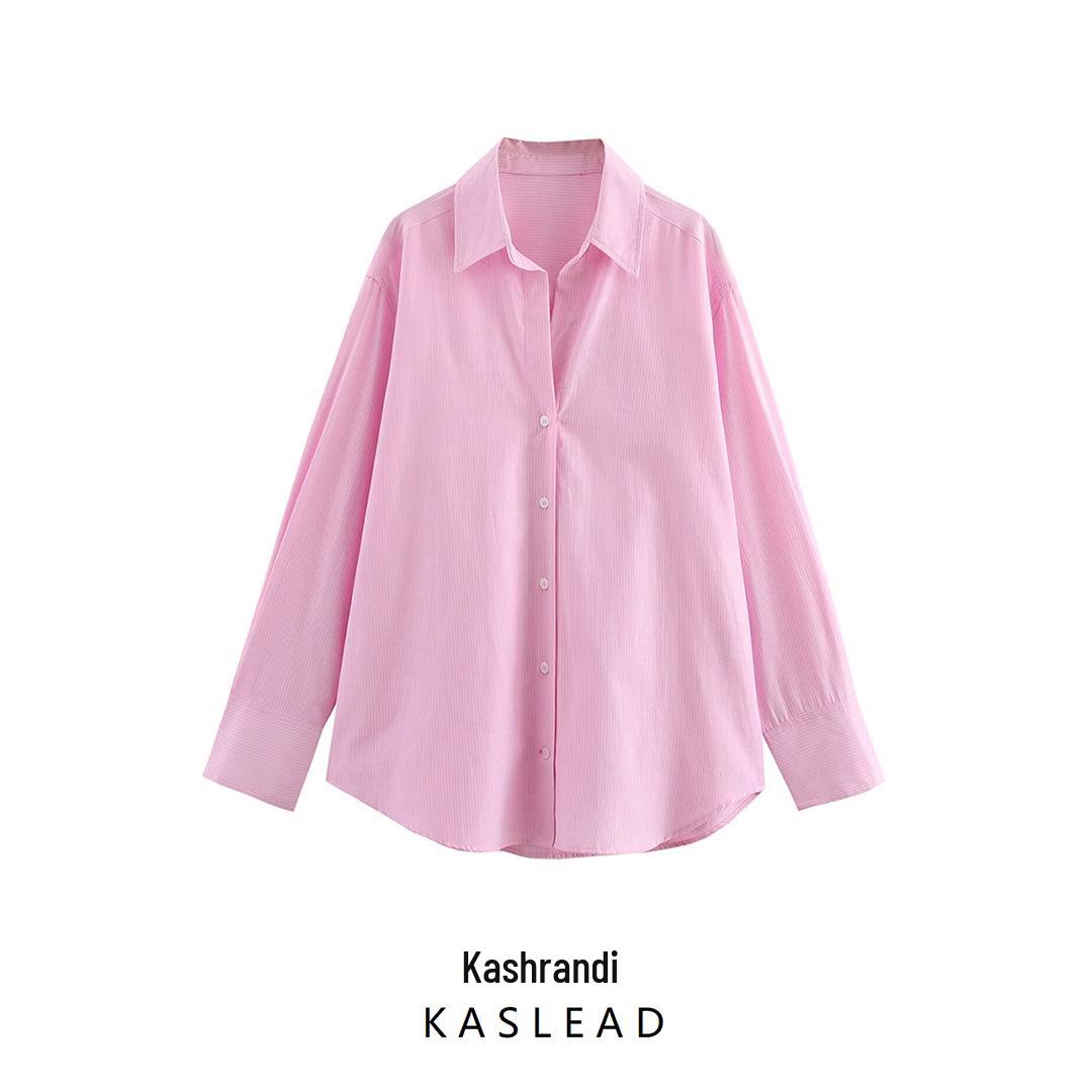

2025 Spring Women s European & American Striped Long Sleeve Lapel Shirt, Fashionable and Simple - 8741049 Large рожевий