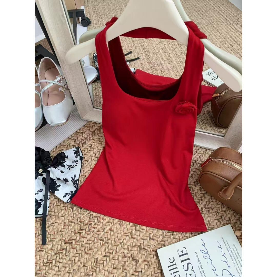 

Cute U - Neck Camisoles with 3D Rose Accent Summer 2025 New Spice Girls In Slim Fit Neck Suspender Skinny Top One Size красный