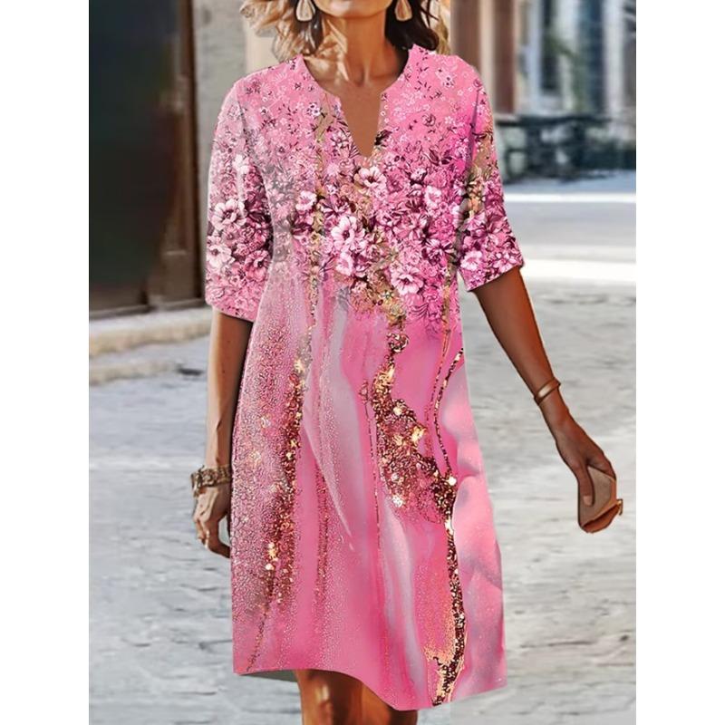 

QICED Fashion Summer Spring 1/2 Sleeves V-Neck Casual Dresses S