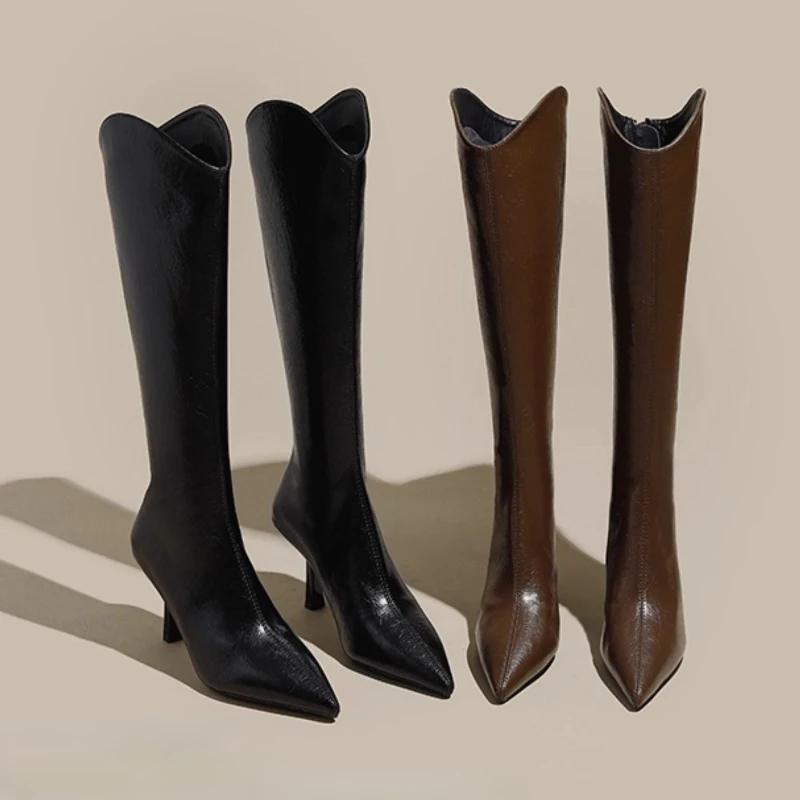 Vintage Spitzschuh Hoher Absatz Damen Kniehohe Stiefel Mode Rückenreißverschluss Schuhe Herbst Winter Damen Slim Knight Lange Stiefeletten