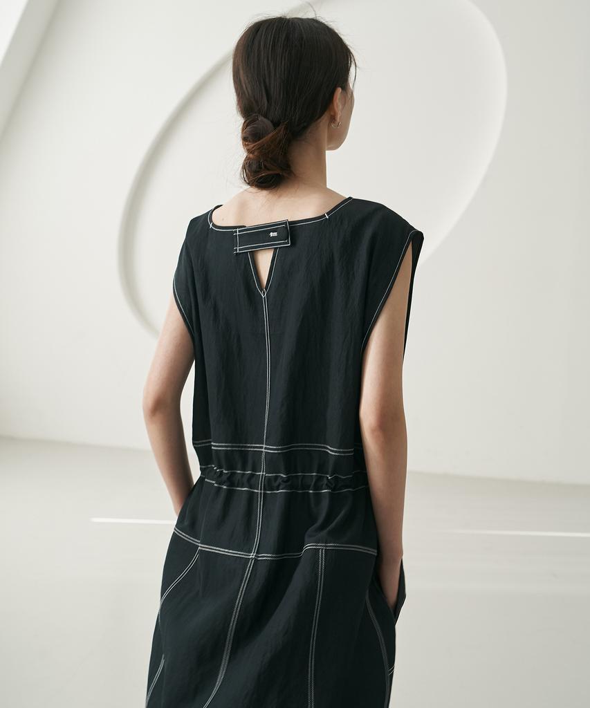 Dijainowol Denim String Long Dress_ Stitch Black