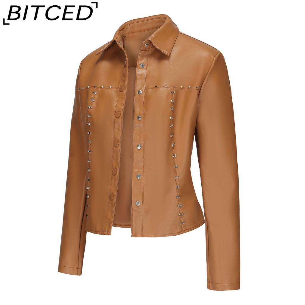BITCED Women's Spring/Autumn Studded Leather Jacket Cardigan Button-Up Leather Clothing Fashionable Lightweight Outerwear