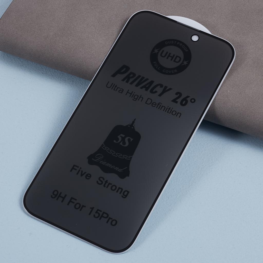 For iPhone 15 Privacy Screen Protector Silk Printing Anti-Peeping Tempered Glass Film with Anti-dust Net