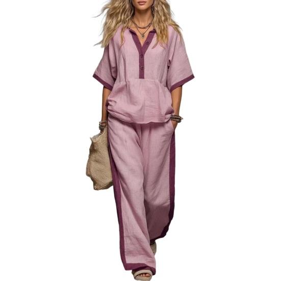 Conjunto de Algodón y Lino para Mujer, Verano, Cuello en V, Corte Holgado y Cintura Elástica, Pantalones Palazzo de 2 Piezas, Conjunto Casual Cómodo de Top y Pantalones de Pierna Ancha para el Hogar