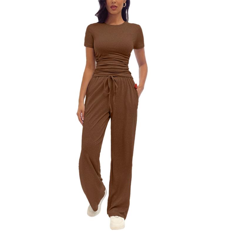 Fashion Casual Set Kardashian Style Ruched Short Sleeve Top Long Pants Set For Women