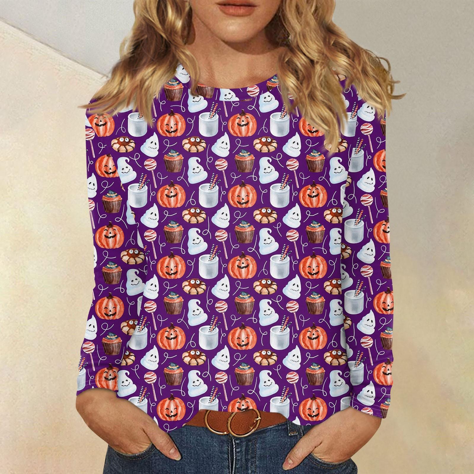 

Женские рубашки с длинным рукавом, милые футболки с графическим принтом на Хэллоуин, блузки, повседневные базовые топы больших размеров, пуловер XL фиолетовый