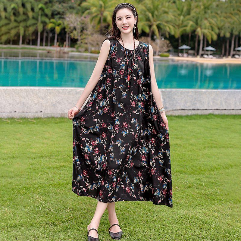 Sleeveless Cotton Dress Summer Loose Plus Size Slimming Vest Vacation Long Dress Elegant Beach