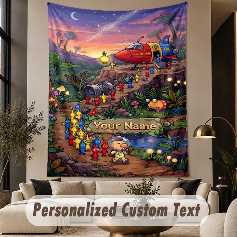 Custom Text Printed Tapestry Pikmin Pattern Large Wall Hanging Indoor Room Decor
