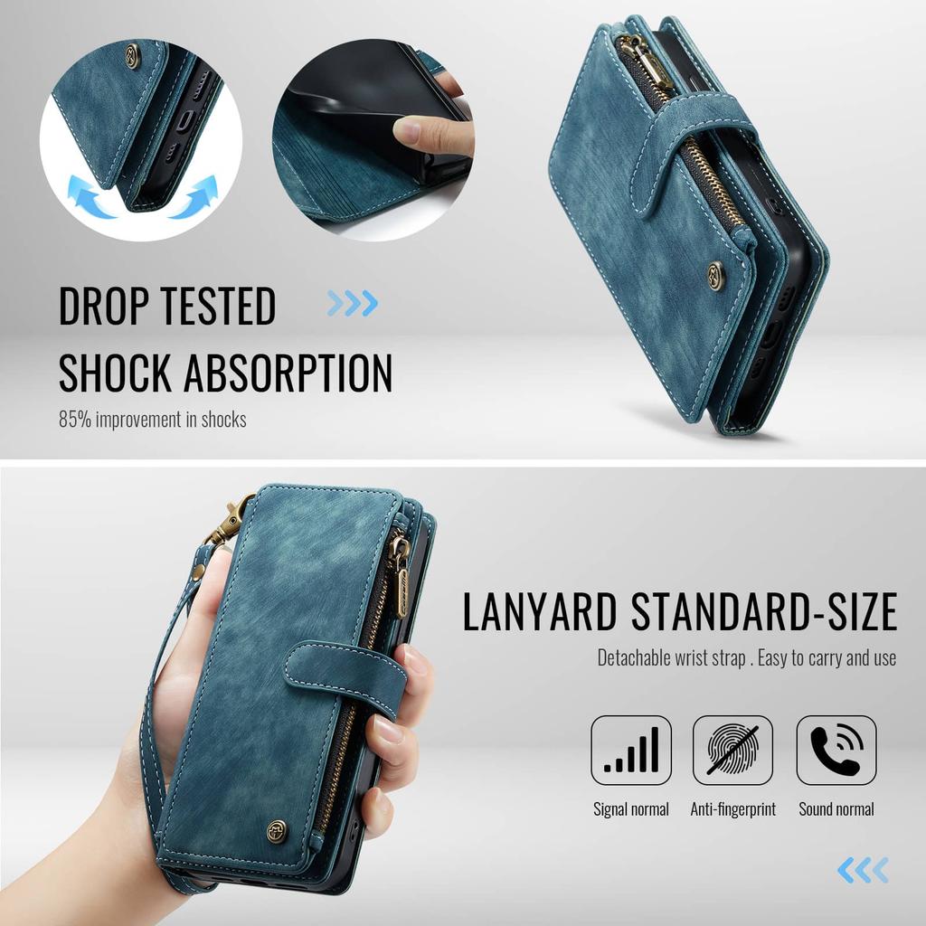 For iPhone 17e PU Leather Wallet Case Magnetic Flip Cover Zipper Card Holder Credit Card Slots Wrist Strap Kickstand Shockproof