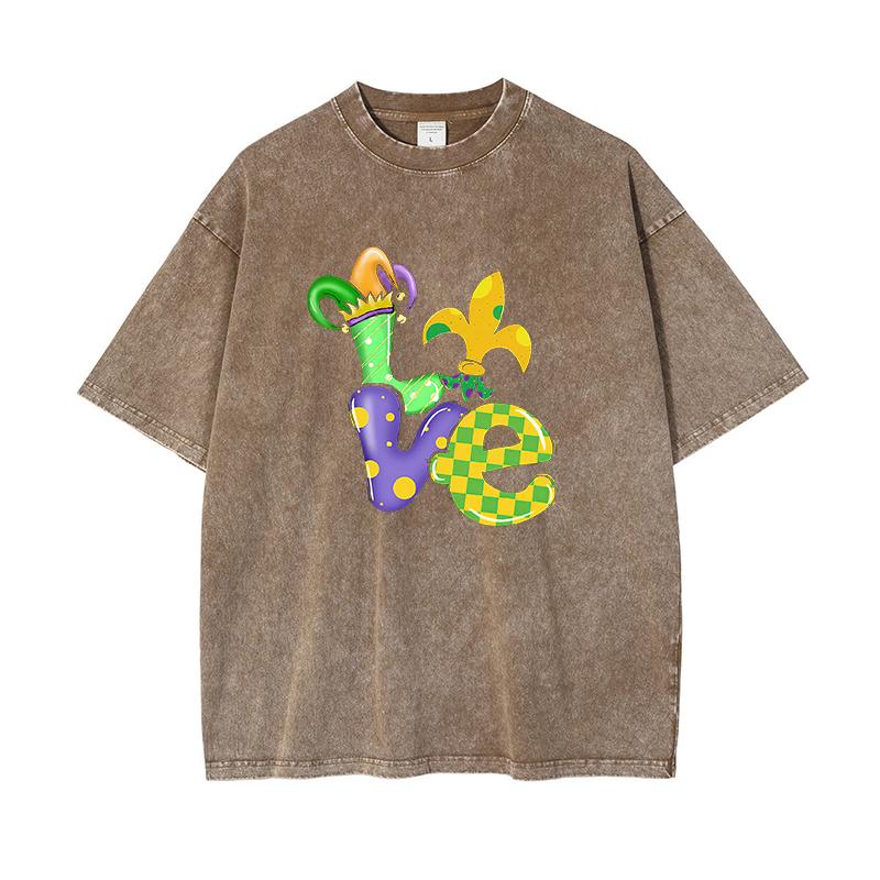 Vintage Festival Summer Washed T-shirts Casual Men's Short Sleeve O-Neck Party Tops Carnival LOVE Print Street Cotton Tunic