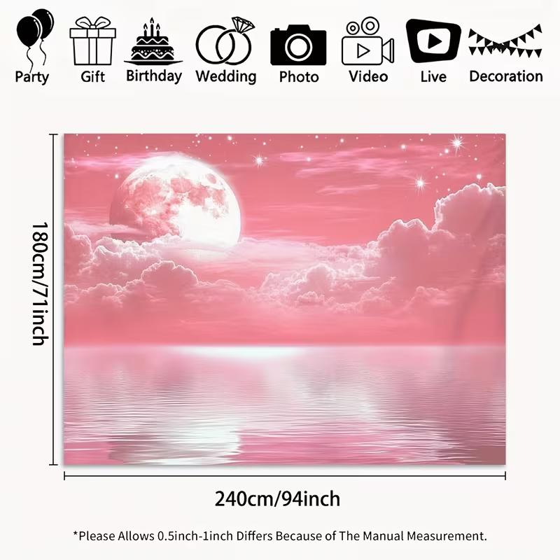 

2D Pink Moon Cloud Backdrop, Dreamy Night Sky with Ocean Reflection 47.2x31.5inch/120*80cm