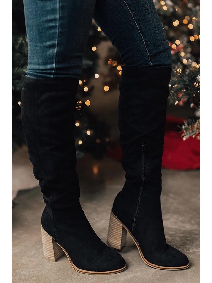 Women's Suede Thick Heel Chelsea Boots - Autumn/Winter, Long, Large Size, Pointed Toe, Side Zipper, Solid Color