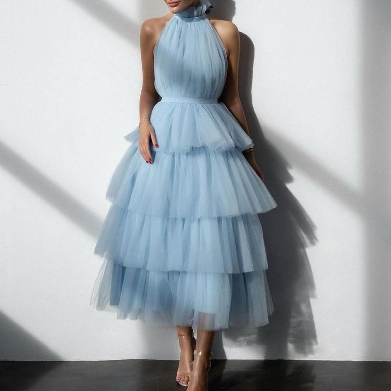 

Blue Mesh Princess Dress: European & American Multi-Layer Ruffle Cake Dress L
