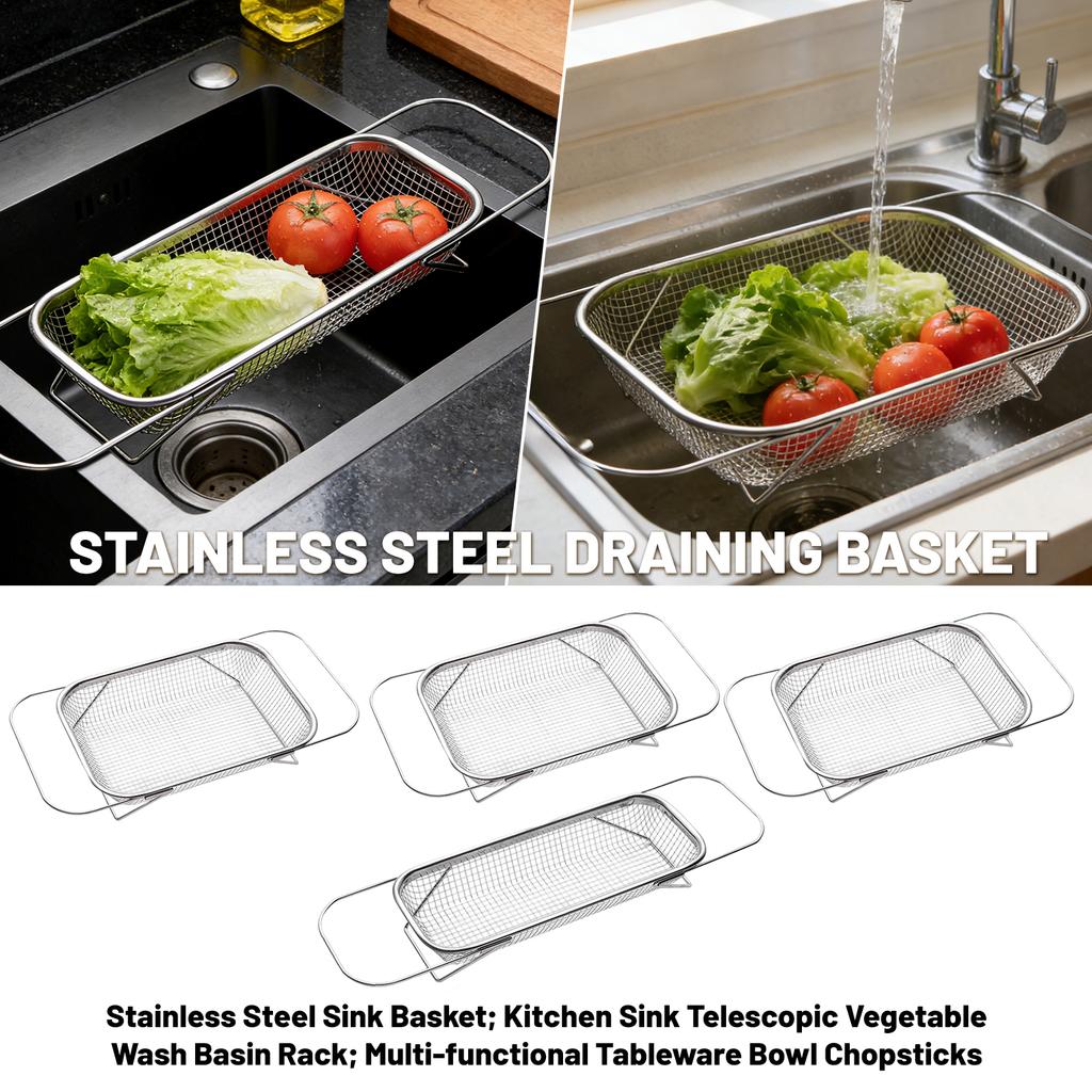Stainless Steel Sink  Basket; Kitchen Sink Telescopic Vegetable Wash Basin Rack; Multi-functional Tableware Bowl Chopsticks  Rack