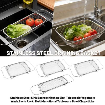 Stainless Steel Sink  Basket; Kitchen Sink Telescopic Vegetable Wash Basin Rack; Multi-functional Tableware Bowl Chopsticks  Rack