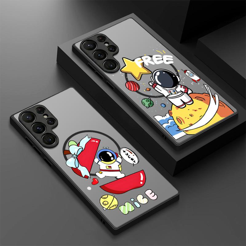 Magnetic For Magsafe Case For Samsung Galaxy S26 Ultra S25 Edge S24 S23 S22 Plus S21 FE Cartoon Astronaut Pattern Hybrid Matte Cover