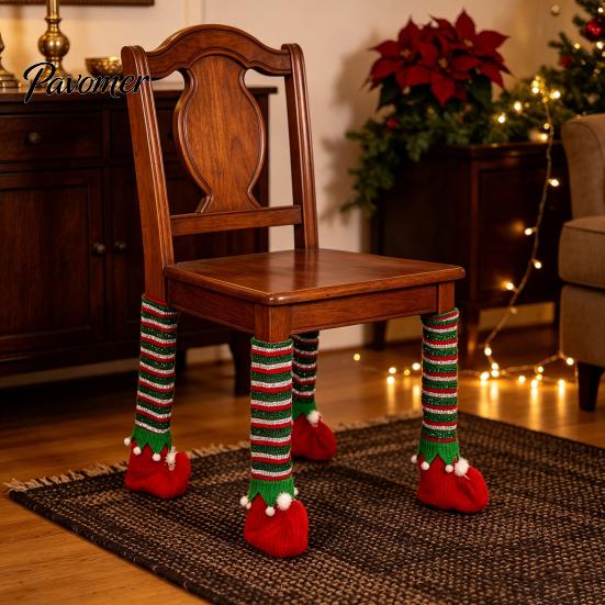 Knitted Socks for Christmas 4 Pcs Table Chair Leg Covers, Striped Elf Elastic Felt Pads Chairs Socks, Furniture Floor Protectors Dining Room,