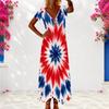 Women Plus Size V Neck Short Sleeve Navy Blue Printed Long Dress