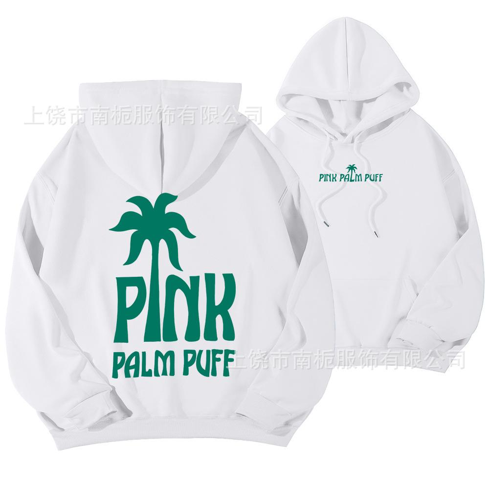 Women's Hooded Long Sleeve Drop Shoulder Pullover Sweatshirt Palm Tree "PINK PALM PUFF" Back Letter Print Casual Hoodie