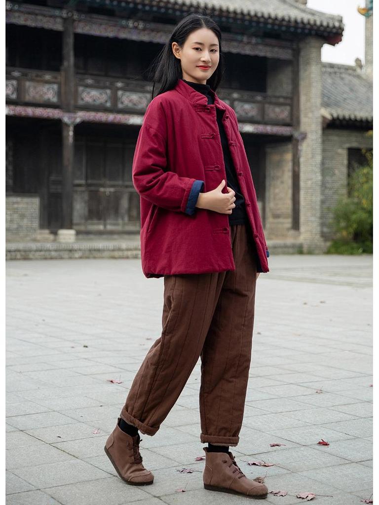 Winter Retro Chinese Cotton-Linen Women’s Coat - Solid Color, Stand Collar, Frog Button, Thickened Warm Jacket
