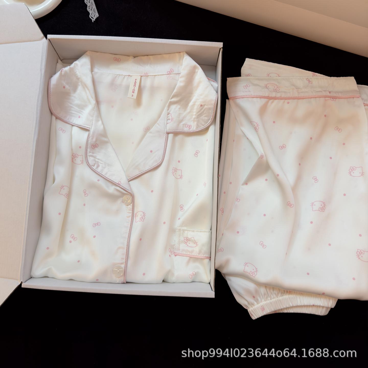 Great-looking pajamas women s ice silk cute and sweet spring and autumn long-sleeved thin silk new summer loungewear M