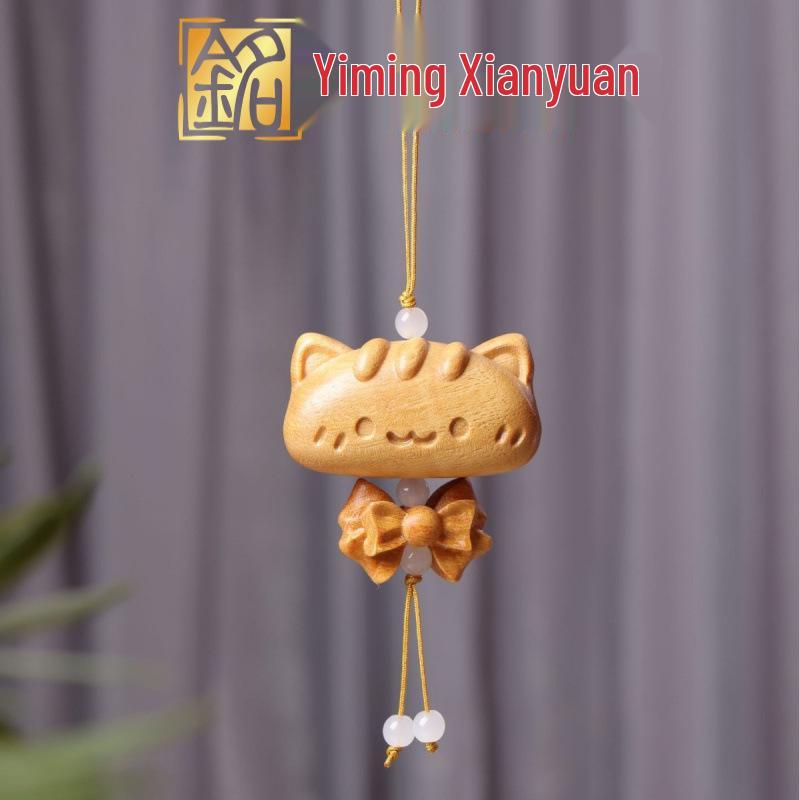 Golden Wood Carved Bow Knot Kitten Cushion Pendant - Blood Cypress Joy Plate Bag Phone Charm