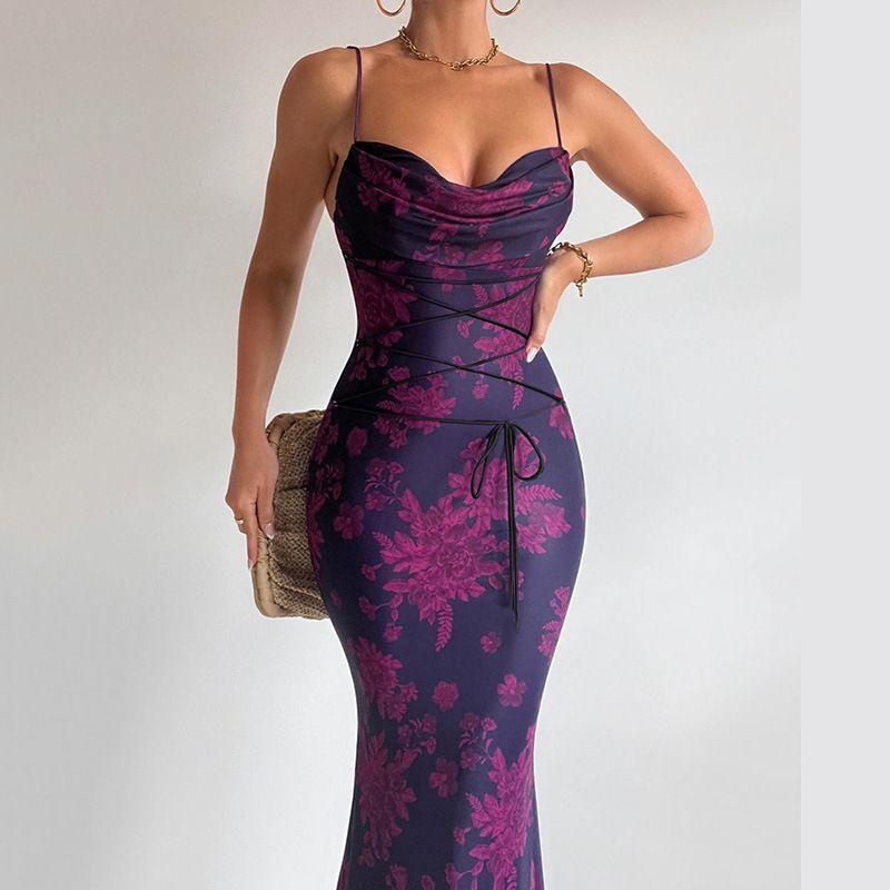 European and American Women Clothes New Lace-up Long Dress Floral Slim Fit Sheath Print Sling Dress Strap Dress