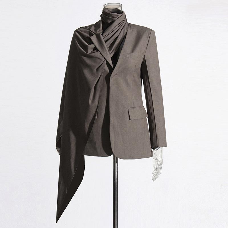 

2025 Summer Women s Solid Color Coat and Versatile Scarf-Collar Suit Extra Large кофейный