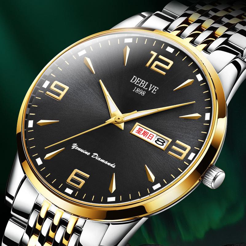 Men's Ultra-Thin Luminous Waterproof Alloy Wristwatch with English-Chinese Calendar and Solid Steel Band