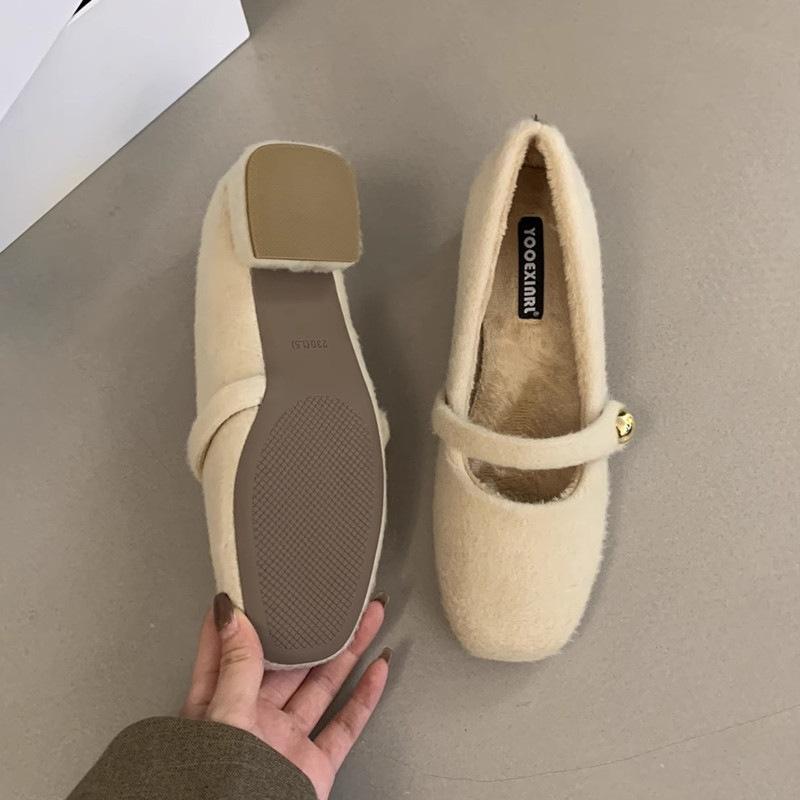 Coarse Heel White Fluffy Shoes Mary Jane Single Shoes Women's Shoes 2025 Spring and Autumn New Fairy Wind Velvet Warm Cotton Shoes